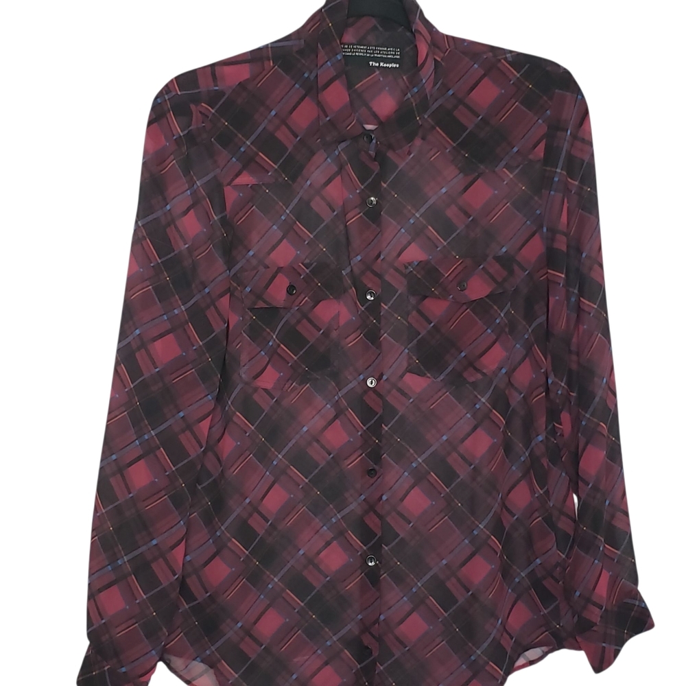 The Kooples Sheer Plaid Button-Up Shirt Red Black Size 2 Collared Business